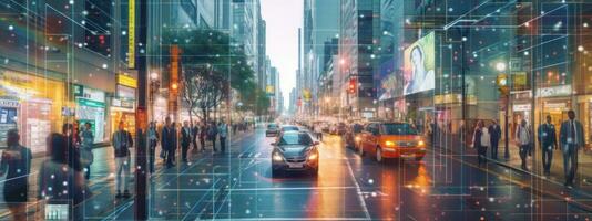City scene face detection and recognition of citizens, people, artificial intelligence collects and analyzes human data. Biometric identification, futuristic cyber security. Generative AI photo