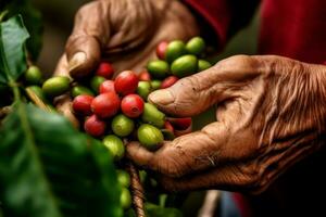 de cerca de un café frijol siendo escogido por un agricultores mano en contra un fondo de vibrante verde café plantas, exhibiendo el meticuloso proceso de cosecha café. generativo ai foto