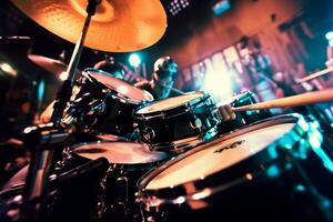 Close-up of a drummer's sticks hitting the drums during a performance. Generative AI photo