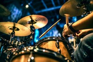 Close-up of a drummer's sticks hitting the drums during a performance. Generative AI photo