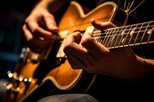 de cerca de un guitarra jugadores manos en el diapasón durante un concierto. generativo ai foto