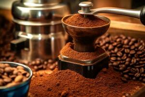 Close-up of a coffee grinder in action, with coffee beans being transformed into a fine powder. Generative Ai photo