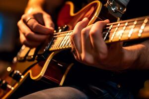 Close-up of a guitar players hands on the fretboard during a concert. Generative AI photo