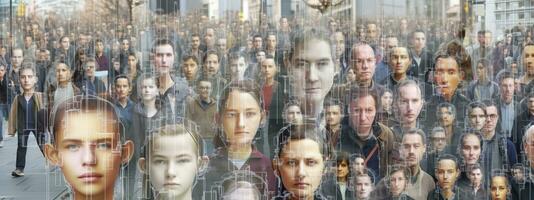 City scene face detection and recognition of citizens, people, artificial intelligence collects and analyzes human data. Biometric identification, futuristic cyber security. Generative AI photo