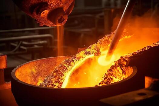 Close-up of molten steel being poured from a ladle, capturing the intense heat and fluidity of the metal. Generative AI photo