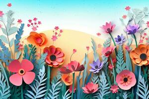 Colorful Cut out paper flowers meadow on paper background. Vector illustration. Generative Ai photo