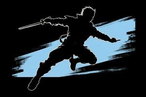 Dramatic silhouette of samurai in action, leaping through the air with his weapons drawn, showcasing his agility and combat skills. Generative AI photo