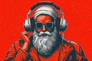 Santa Claus listening music in headphones. Concept festive background poster. Generative AI photo