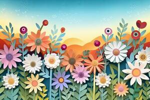 Colorful Cut out paper flowers meadow on paper background. Vector illustration. Generative Ai photo