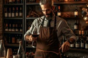 Photo of a male sommelier in a brown apron standing in the cellar and pouring wine into a glass. Generative AI