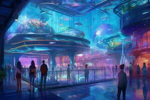 Concept art of imagined Gen Z future worlds like underwater social media bases, space-faring media studios, metaverse brand activations or virtual shopping malls. Generative AI photo