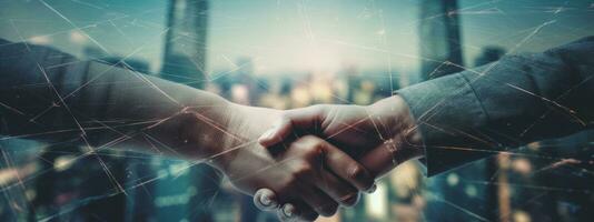 Double exposure of businesmans male hands shaking hands after effective negotiation showing mutual respect. Business banner concept. Generative AI photo