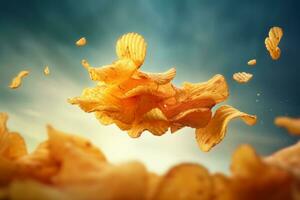 Flying and falling crispy wavy potato chips. Generative AI photo