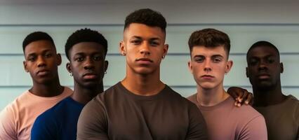 Portrait of a multiracial group of young men standing in a studio. Generative AI photo