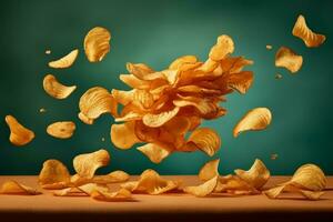 Flying and falling crispy wavy potato chips. Generative AI photo