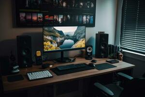 Gen Z essential workplace setup including multi-monitor desktop computer, ergonomic keyboard mouse, emoji mug, video streaming on second monitor. Generative AI photo