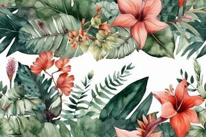 Green leaves of palm, monstera and hibiscus flowers on white background. Watercolor hand painted seamless border. Generative AI photo
