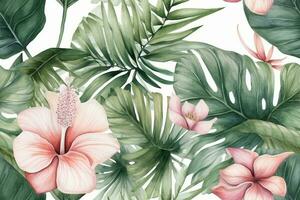 Green leaves of palm, monstera and hibiscus flowers on white background. Watercolor hand painted seamless border. Generative AI photo