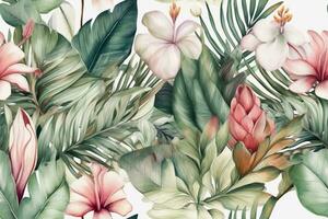 Green leaves of palm, monstera and hibiscus flowers on white background. Watercolor hand painted seamless border. Generative AI photo