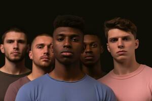 Portrait of a multiracial group of young men standing in a studio. Generative AI photo