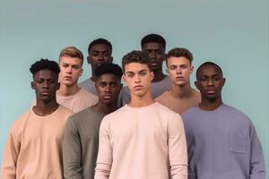 Portrait of a multiracial group of young men standing in a studio. Generative AI photo