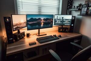 Gen Z essential workplace setup including multi-monitor desktop computer, ergonomic keyboard mouse, emoji mug, video streaming on second monitor. Generative AI photo