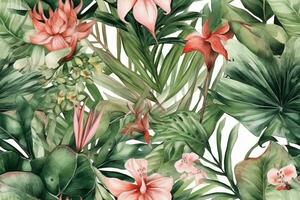 Green leaves of palm, monstera and hibiscus flowers on white background. Watercolor hand painted seamless border. Generative AI photo