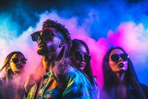 Group of young people wearing neon clothes and sunglasses dancing at a rave party in front of a DJ booth with colorful lights and smoke effects in the background. photo