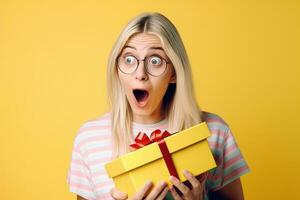 Happy surprised beautiful woman opening a gift box on a neutral pastel background. Generative Ai photo