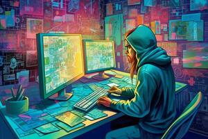 Vector Illustration of a Hacker breaking into a computer system and stealing sensitive information from a company or government agency. Generative Ai photo
