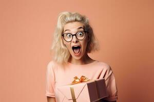 Happy surprised beautiful woman opening a gift box on a neutral pastel background. Generative Ai photo