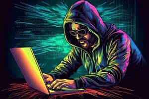 Vector Illustration of a Hacker breaking into a computer system and stealing sensitive information from a company or government agency. Generative Ai photo