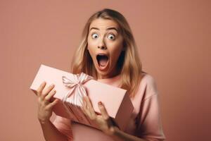 Happy surprised beautiful woman opening a gift box on a neutral pastel background. Generative Ai photo