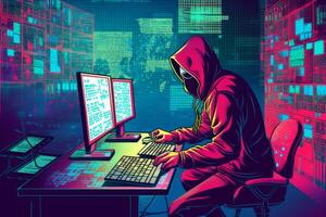 Vector Illustration of a Hacker breaking into a computer system and stealing sensitive information from a company or government agency. Generative Ai photo