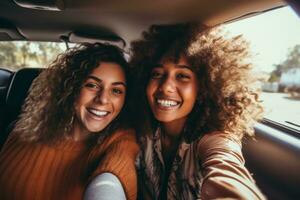 contento sonriente amigos tomando un selfie dentro un coche. generativo ai foto