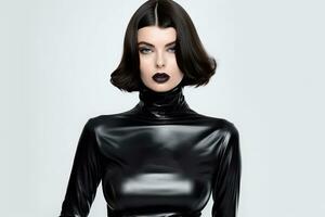 Glamour stylish beautiful young model in black latex clothing on white background. Generative Ai photo