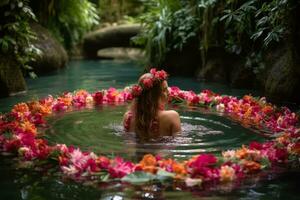 Hibiscus flowers fashioned into a garland necklace nearly obscuring a woman in a waterfall pool, streaming red and pink against verdant greenery. Generative AI photo