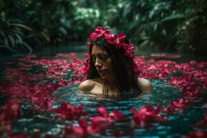 Hibiscus flowers fashioned into a garland necklace nearly obscuring a woman in a waterfall pool, streaming red and pink against verdant greenery. Generative AI photo
