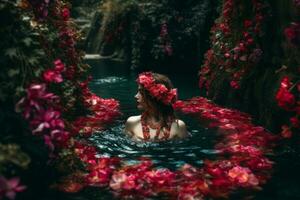 Hibiscus flowers fashioned into a garland necklace nearly obscuring a woman in a waterfall pool, streaming red and pink against verdant greenery. Generative AI photo