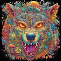 Highly detailed trippy wolf, scary colors, psychedelic. Generative AI photo