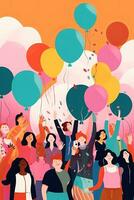 ilustración de un diverso grupo de personas de diferente géneros y sexual orientaciones viniendo juntos para un orgullo celebracion, con vistoso globos y papel picado. generativo ai foto