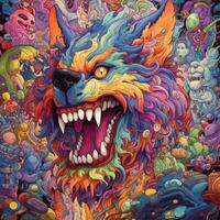 Highly detailed trippy wolf, scary colors, psychedelic. Generative AI photo