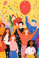 Illustration of a diverse group of people of different genders and sexual orientations coming together for a Pride celebration, with colorful balloons and confetti. Generative AI photo