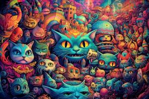 Highly detailed trippy cat, scary colors, psychedelic. Generative AI photo