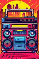 Illustration Old fashioned retro style audio tape recorder, ghetto boombox on a graphical background. Portable stereo. 80s music. Urban style party Generative Ai photo