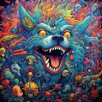 Highly detailed trippy wolf, scary colors, psychedelic. Generative AI photo