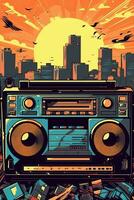 Illustration Old fashioned retro style audio tape recorder, ghetto boombox on a graphical background. Portable stereo. 80s music. Urban style party Generative Ai photo