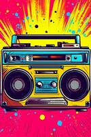 Illustration Old fashioned retro style audio tape recorder, ghetto boombox on a graphical background. Portable stereo. 80s music. Urban style party Generative Ai photo