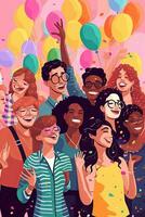 ilustración de un diverso grupo de personas de diferente géneros y sexual orientaciones viniendo juntos para un orgullo celebracion, con vistoso globos y papel picado. generativo ai foto