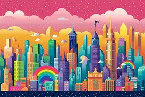 Illustration of a rainbow-colored cityscape with iconic landmarks, representing the global reach and acceptance of the LGBTQ community. Generative AI photo